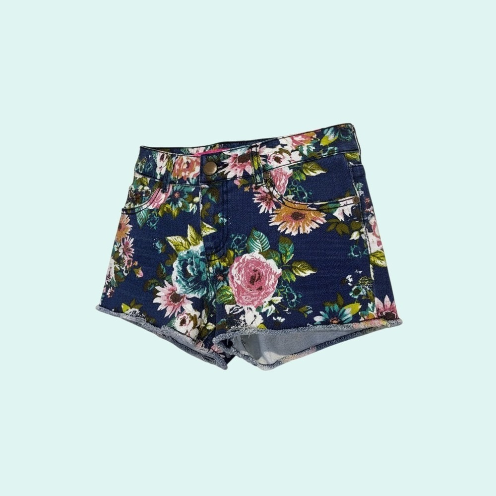 TINSELTOWN Women's Floral Print Denim Shorts Size 3 Cut Off Frayed Hem Navy Blue